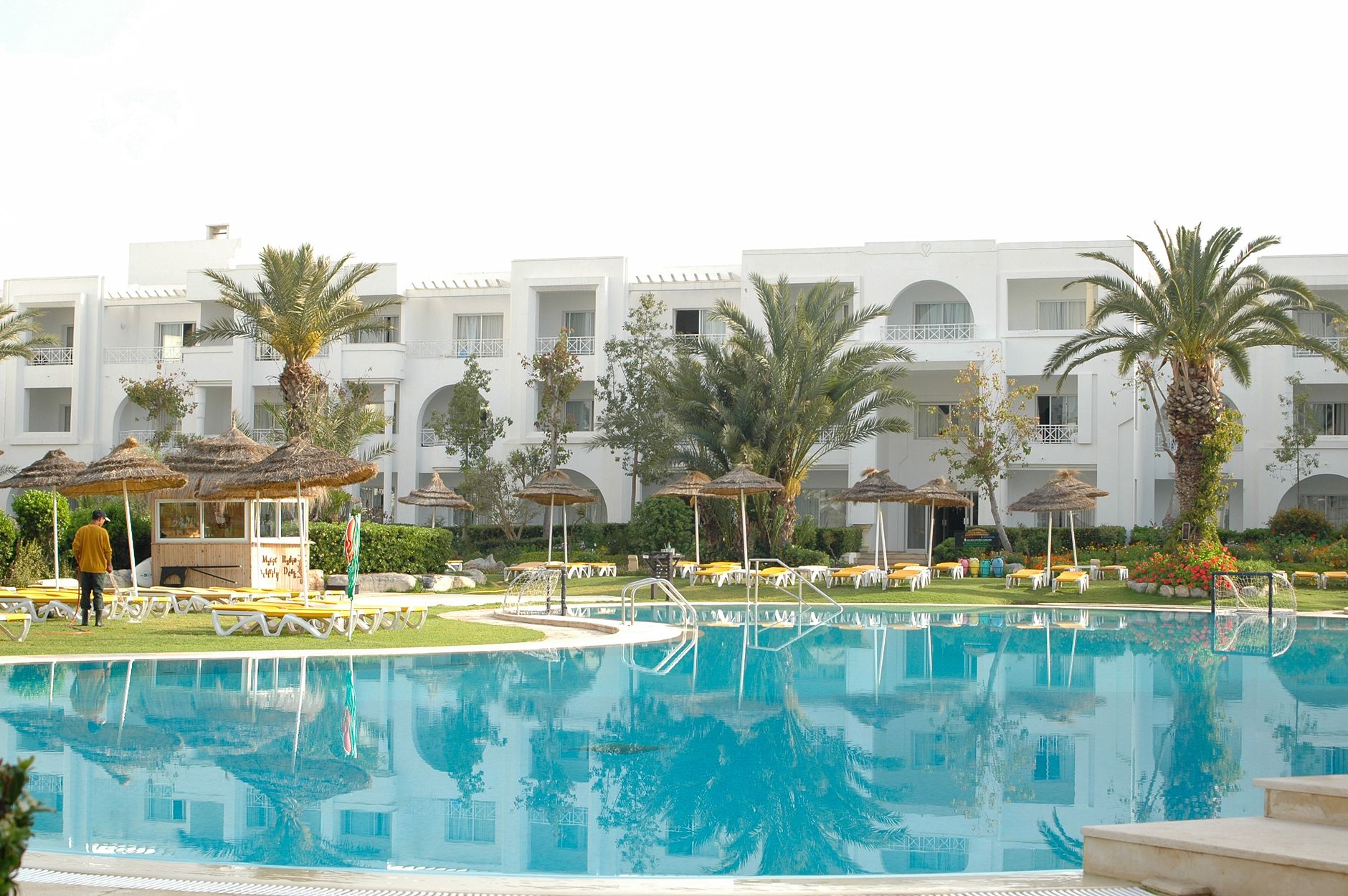 Basen hotelowy otoczony palmami w spokojnej dzielnicy Hammamet Sud